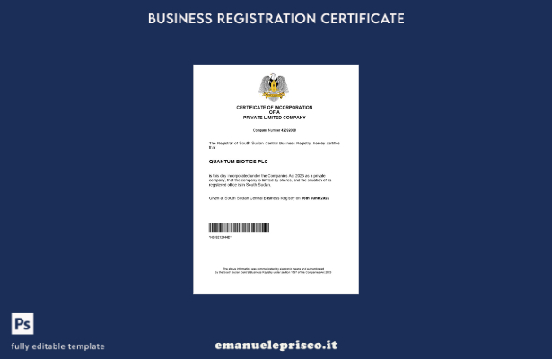 certificato di registrazione aziendale del Sud Sudan in stile verificato modello